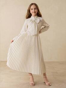 Váy Maxi Cạp Cao Họa Tiết Chấm Bi Thanh Lịch Cho Bé Gái Có Nơ Có Thể Tháo Rời, Thích Hợp Cho Các Sự Kiện Trở Lại Trường, Tốt Nghiệp, Tiệc Tùng, Giáng Sinh, Halloween - Màu be - Xem 8