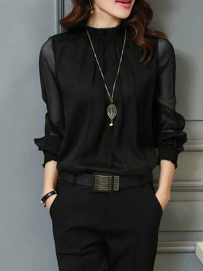 女士透明纯色衬衫，时尚夏装