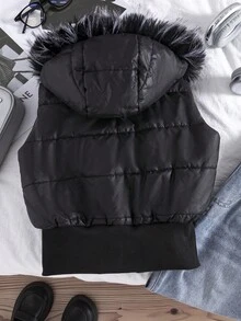 女童无袖黑色连帽拉链背心外套，带装饰性口袋，适合外穿保暖 - 黑色 - 查看 2