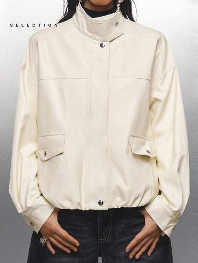 LYSMO SELECTION Women's Fashionable Versatile White Solid Color Stand Collar Jacket Y2k And Baggy Jacket, Back To School, Homecoming, 2000s Style, Y2K Clothes Women, Streetwear , Unisex Fashion Avant-Garde Grommet Design 2025 New Arrive Minimalism Fall