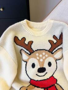 Franclia Christmas Casual Loose Fit Crew Neck Long Sleeve Jacquard Reindeer Pattern Knit Pullover Sweater For Women, Autumn/Winter - Beige - View 4