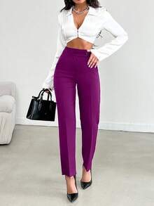 Pantaloni eleganti da donna a vita alta, di colore unito, con pieghe e tasche