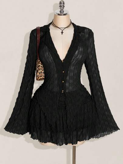 SHEIN ICON Plus Size Lettuce Edge Asymmetric Hem See-Through Top (Without Bra) , Double Layer Cake Skirt Two Pieces Set, Suitable For Autumn