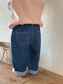 SHEIN 女婴可爱深蓝色牛仔保暖裤，带荷叶边裤脚，加绒加厚保暖，秋季/冬季服装 - 深色水洗藍 - 查看 3