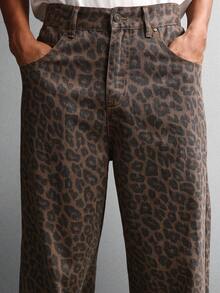 SUMWON 棉质豹纹阔腿宽松牛仔裤高腰牛仔裤舒适街头风节日裤秋冬时尚休闲裤 - 棕色 - 查看 6