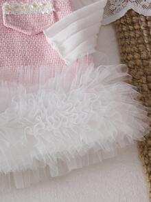 SHEIN Elladie kids 2 件套女婴秋冬校服套装，3 个月 - 3 岁，白色多层荷叶边网眼蛋糕裙连衣裙和粉色无袖高领罗纹针织上衣，舒适时尚 - 彩色 - 查看 3