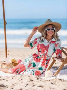 Sylviya Casual Women's Big Floral Open Front Short Sleeve Vacation Shirt Dress Summer Dresses For Women Summer Outfits For Women Derby Dress Business Casual Woman Vacation Dress