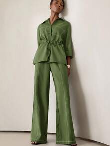 Aveloria Modichic Summer New Women's Cinched Waist Design Lapel 3/4 Sleeve Loose Casual Jumpsuit, Tie-Waist Commuter Style Two Pieces Set