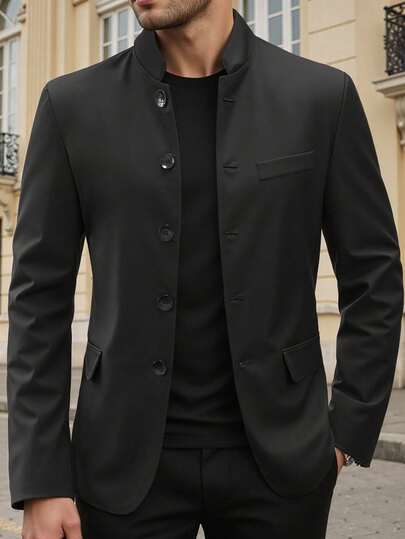 Manfinity Mode Áo blazer nam dài tay màu đen, kiểu dáng công sở tối giản, cài cúc, phong cách Old Money.