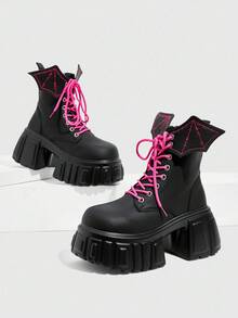 Daringsoles Giày bốt nữ thời trang, đa năng, thoải mái, đế dày, giúp tăng chiều cao, gót chunky, kiểu dáng đường phố, chống trượt, phong cách Anh, buộc dây, đính đinh tán. - màu đen - Xem 7