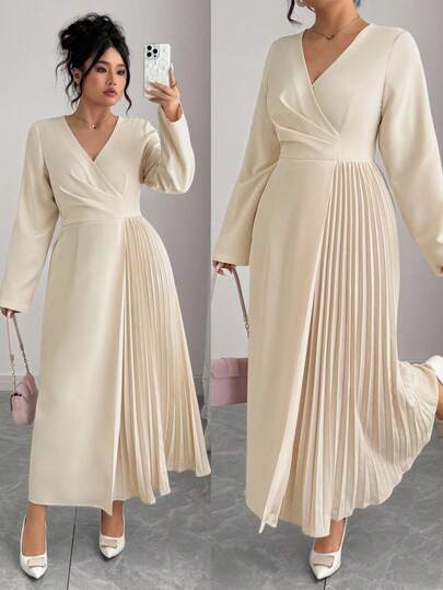 Elenzga 大码女式优雅交叉 V 领腰部褶皱下摆拼接褶皱松紧腰长袖长裙，适合办公室、通勤、法式浪漫下午茶派对