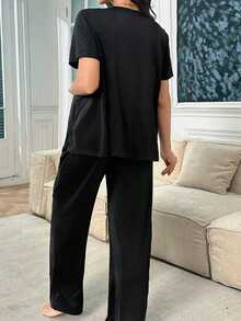 Moonlight&Mama Conjunto de ropa de dormir de maternidad de seda de leche con estampado de corazón de unicolor - Negro - Ver 2