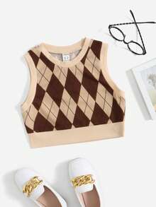 SHEIN Tween女童菱形圖案圓領坦克上衣