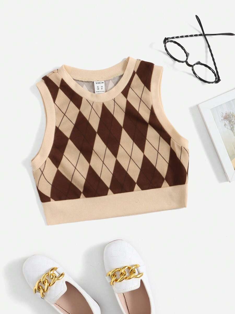 SHEIN Tween女童菱形圖案圓領坦克上衣