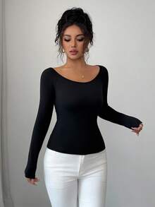 Elenzga Áo thun đen cổ tròn trễ vai tay dài đính nơ đính ngọc trai thiết kế cổ sau thanh lịch phong cách Pháp đa năng cho người đi làm - màu đen - Xem 7