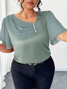 Elenzga Plus Size Asymmetrical Ruffle Collar Button Decor Short Sleeve Elegant Blouse - Green - View 5