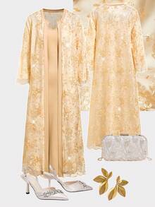 Ellevyn 金色蕾丝夹克和连衣裙优雅女士套装，适合派对、商务聚会 - 金色 - 查看 1