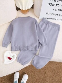 女童休闲镂空开衫上衣和纯色裤子毛衣套装，秋冬 - 灰色 - 查看 2