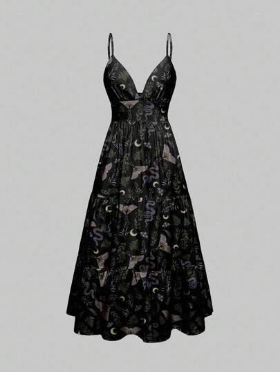 Goth Vestido de estilo gótico romántico oscuro para mujer con estampado de serpiente, mariposa, murciélago, polilla, sol, luna y estrella en verde, morado y negro
