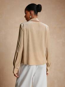 Lyxana Velvet Textured Fabric Collar Tie Decor Lantern Sleeve Elegant Women Blouse - Apricot - View 2