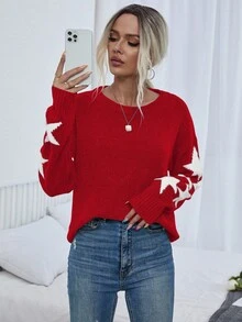EMERY ROSE Sweater Pullover Kasual Nyaman Motif Bintang Patchwork Elemen Natal untuk Wanita, Serbaguna untuk Musim Gugur/Dingin - Merah - View 5