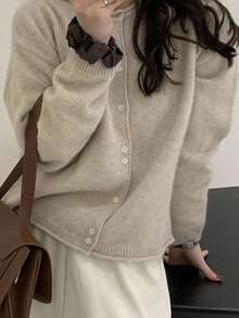 INAWLY Women Loose Casual Solid Color Open Front Cardigan, Spring And Autumn,Ladies Spring/Fall Casual Button Drop Shoulder Round Neck Regular Fit Apricot Plain Women Cardigans,Casual Daily Wear