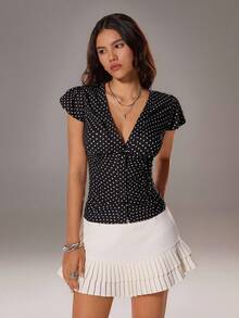 TRNVIE 女式休闲波尔卡圆点印花深V领纽扣衬衫