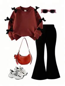 2件套年轻女孩简约时尚粉色蝴蝶结黑色上衣和粉色裤子运动服套装 - 彩色 - 查看 2