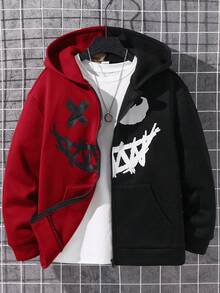 SHEIN 儿童/青少年男童休闲笑脸图案连帽拉链厚针织夹克，红色和黑色，适合通勤、上学、日常、度假、运动、春季、夏季、秋季、冬季 - 紅色 - 查看 3