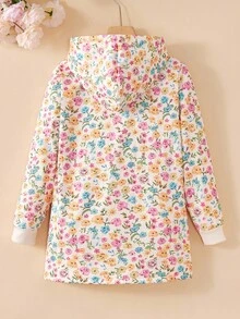 SHEIN Tween Girl 连帽加厚毛绒复古花卉中长款保暖夹克，秋冬、度假、夏季、旅行 - 彩色 - 查看 2