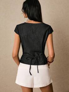 Poéselle 女式休闲前扣腰牛仔衬衫，夏季 - 黑色 - 查看 4