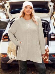 SHEIN LUNE Plus Size Casual Solid Color Side Slit Sweater, Autumn/Winter - Apricot - View 5