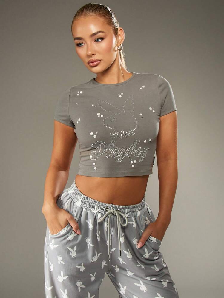 Missguided x Playboy Cotton Rhinestone Bunny Crop Top Short Sleeve Tee With Crystal Graphic Design