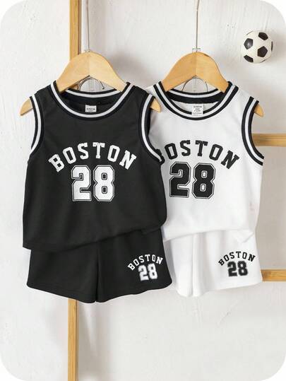 SHEIN 4件套男婴夏季休闲运动篮球服，可爱字母印花背心和短裤套装，男婴篮球服套装，男婴背心套装，2T男童套装，婴儿篮球服，婴儿运动服