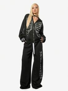 SUMWON WOMEN Oversized Rhinestone Skeleton Zip Through Hoodie With Full Front Zipper Gothic Halloween Statement Pullover - Black - View 3