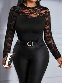 SHEIN Lady Spring, Summer, Autumn And Winter Lace Black Knitted Round Neck Long Sleeve Contrast Color Mesh Plus Size T-Shirt Halloween Plus Size Halloween Clothes Lace Body Suit Black Lace Bodysuit Black Lace Top Lace Long Sleeve Top Bodysuits For Women