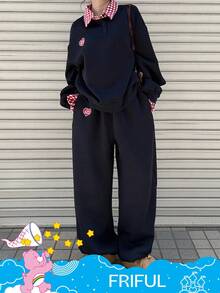 SHEIN X Care Bears FRIFUL 2件套女士格子拼接宽松加厚二合一卫衣和阔腿裤套装