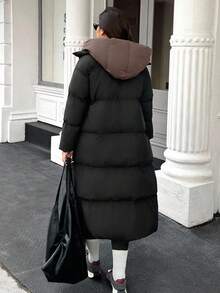 Easura Plus Size Casual Warm Color Block Hooded Padded Coat, Winter Long Jacket For Women Women Winter Clothes Outerwear Women