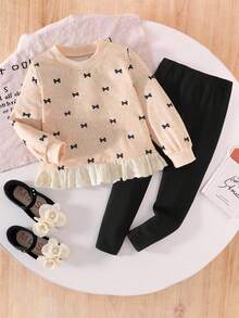 Elladie kids Bộ đồ 2 mảnh cho bé gái, kiểu dáng thường ngày, dễ thương, gồm áo nỉ chấm bi in nơ và quần legging cạp chun màu trơn, thích hợp cho mùa tựu trường thu đông. - Màu Khaki - Xem 3