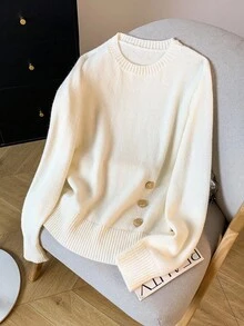 GlowEve Women's Fashionable Crew Neck Long Sleeve Knit Sweater Top With Metal Button Decor - Multicolor - View 3
