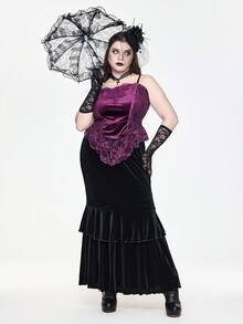 ROMWE EDITION Kamisol Beludru & Renda Kontras Seksi Gaya Y2K Ukuran Plus, Gaya Halloween Gelap - Purple - View 5
