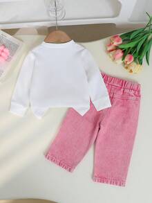 SHEIN Playful Pals Conjunto de 2 piezas de niña bebé para otoño/invierno con jeans de mezclilla con bordado de mariposa y camiseta de manga larga con estampado de mariposa, un conjunto dulce - Multicolor - Ver 2