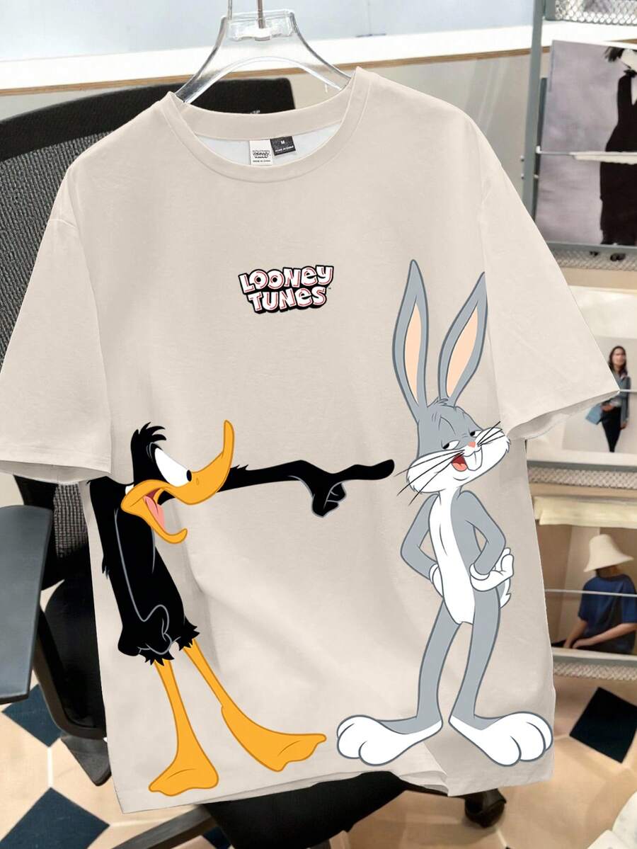 Looney Tunes X Manfinity Manfinity Joysei Men's Casual Cartoon Pattern Round Neck Short Sleeve T-Shirt, Summer - Khaki - View 1