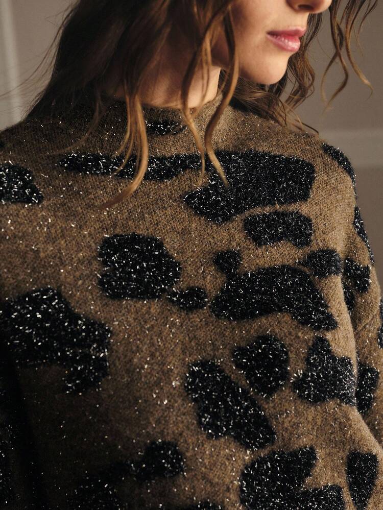 MAGLIONE OVERSIZE IN PELLICCIA CON STAMPA LEOPARDATA, ADATTO PER FESTE IN AUTUNNO/INVERNO