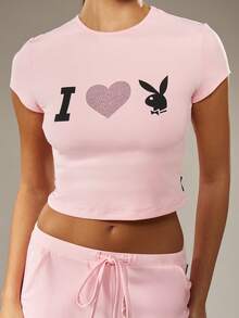 Missguided x Playboy 圣诞兔子印花阔腿裤和露脐上衣 - 粉色 - 查看 6