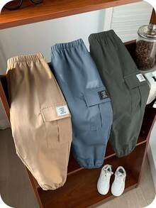 SHEIN 3 件套年轻男孩休闲运动街头装宽松运动裤，黑色、蓝色和卡其色慢跑裤，适合日常穿着、学校、户外、运动、春夏秋冬