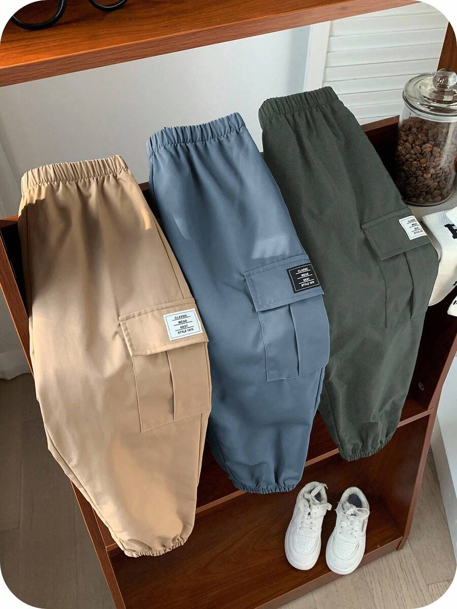 SHEIN 3 件套年轻男孩休闲运动街头装宽松运动裤，黑色、蓝色和卡其色慢跑裤，适合日常穿着、学校、户外、运动、春夏秋冬