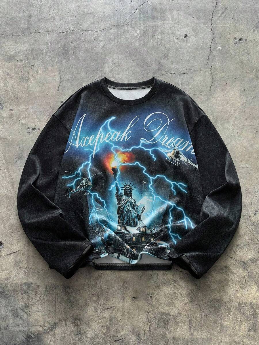 AXEPEAK Men Fashionable Streetwear Crew Neck Long Sleeve T-Shirt, Fall