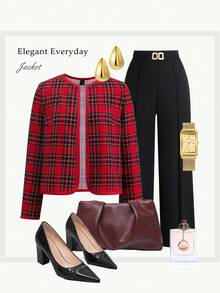 Ellevyn Women's Round Neck Long Sleeve Red Plaid Elegant Casual Outerwear, Suitable For Christmas, Holiday, Autumn/Winter Fall Clothes For Women Jacket Christmas