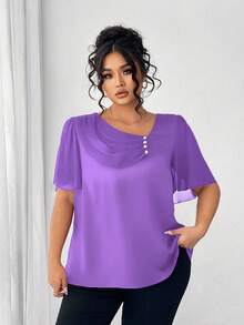 Elenzga Plus Size Asymmetrical Ruffle Collar Button Decor Short Sleeve Elegant Blouse - Purple - View 3